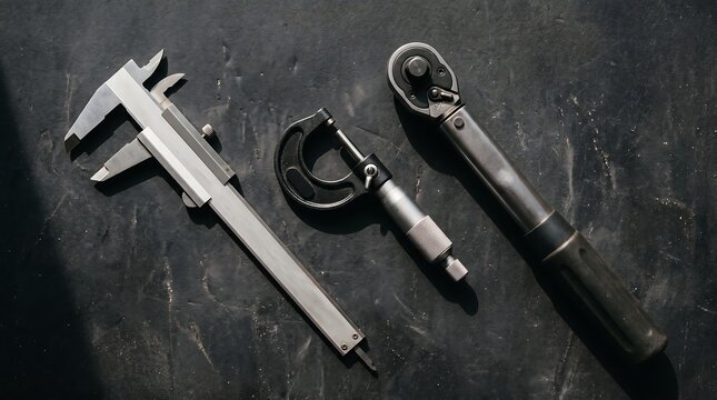 Precision measuring tools including a caliper and micrometer on a dark textured surface