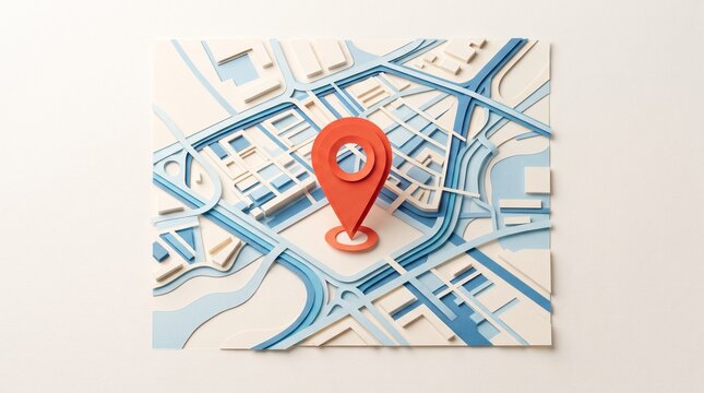 Minimalist 3D paper cut city map with red location pin, stylized urban navigation plan, blue and white architectural paper craft topography