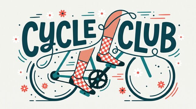 Playful "CYCLE CLUB" letters with a looping spoke line, checkered sock legs pedaling, small daisies and motion dashes.