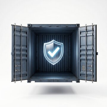 Open cargo container with a glowing security shield icon inside on a white background
