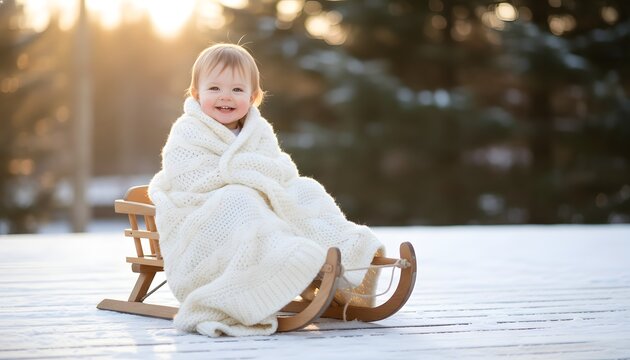 Cute happy toddler in sled with blanket warmly bundled outdoors on winter snow at golden hour sunset for cozy seasonal lifestyle and childhood happiness concept