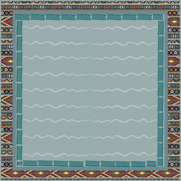 Abstract Geometric Digital Background: Modern Ethnic Tribal Pattern with Geometric Aztec Ornamental Border, Wavy Line Texture, and Square Frame Teal Blue