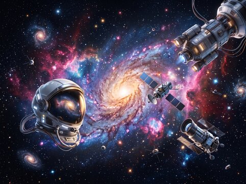 Astronaut helmet and space satellites orbiting around a glowing spiral galaxy