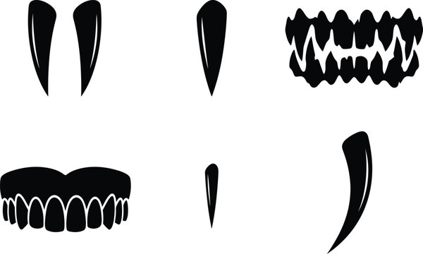Collection of sharp vampire fangs and scary monster teeth silhouette icons