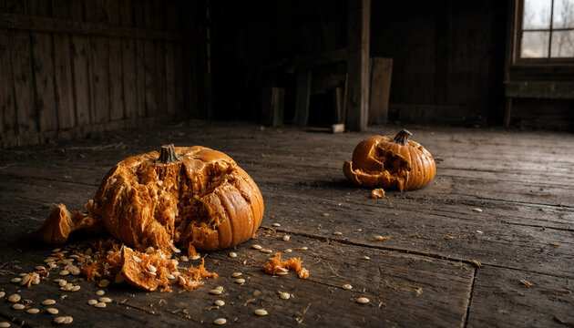 Broken Halloween Pumpkins on Rustic Barn Floor, Dark Autumn Seasonal Background