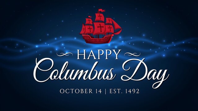Happy columbus day festive graphic featuring red sailing ship silhouette with cross patterns against dark blue glowing background for holiday social media post.