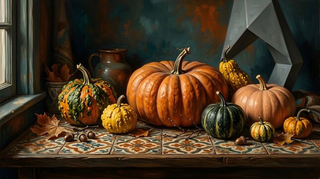 Autumn harvest display of colorful pumpkins and gourds on a rustic wooden windowsill