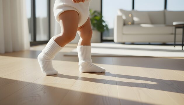 Low angle view of cute toddler walking in socks on warm wooden floor at home representing early childhood development and first steps concept in bright sunny room