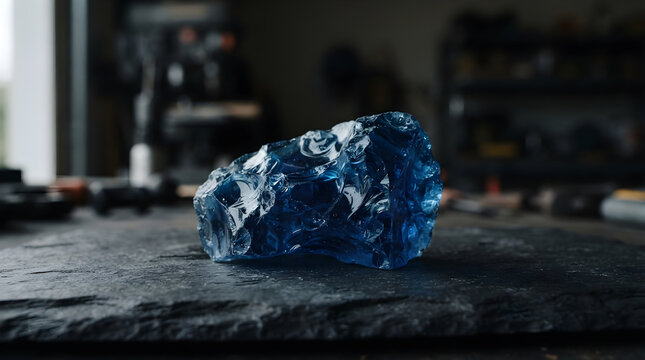 Blue slag glass slate displayed product in digital studio clean