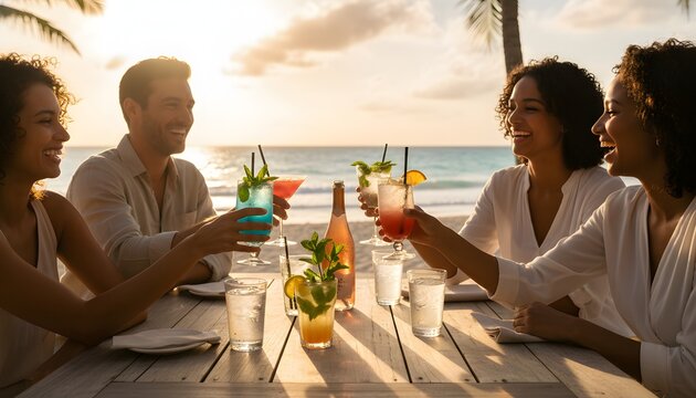 Happy multicultural tourists having refreshing drink together in beach cafe at golden sunset, celebrating friendship and luxury tropical travel vacation concept