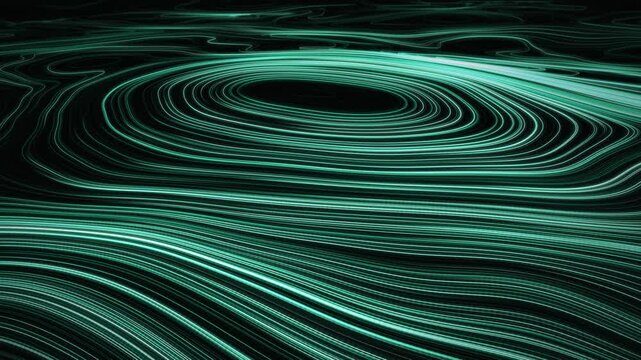 Glowing emerald green lines moving across floor in waves, abstract flow field topographic contour animation, futuristic technology data surface