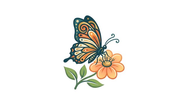 Beautiful stylized illustration of a colorful butterfly perched on an orange flower with green leaves, isolated on a white background