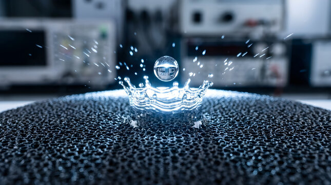 Droplet strikes silicon anode wafer modern in workspace with copy