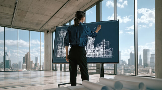 female architect analyzing 3d architectural digital blueprint on large interactive display screen inside contemporary office with panoramic city skyline view through large floor to ceiling windows