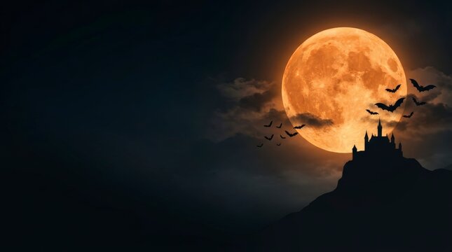 halloween spooky full moon with castle silhouette and flying bats on dark cloudy night sky