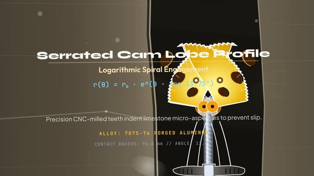Detailed engineering animation explaining the physics and mechanics of a spring-loaded camming device SLCD used for rock climbing protection including logarithmic spiral and dynamic shock load analys