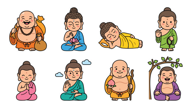 Cute Buddha character vector set. Laughing and meditating Buddha cartoon illustration. Flat kawaii monk clip art isolated on white background.