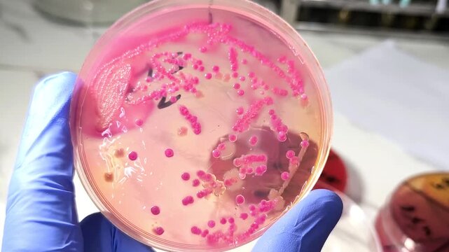 Stool culture, A microbiological culture Petri dish with a colonies of the pathogenic bacterium, E.coli