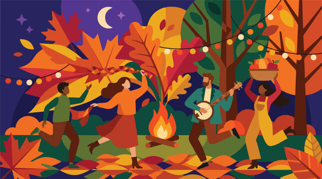 Friends dancing and playing music around campfire at night in autumn. People celebrating fall harvest festival under crescent moon. Flat vector art.