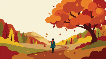Obraz premium Autumn tree vector background. Woman walking under tree in fall season. Flat vector illustration of solitary journey in nature.