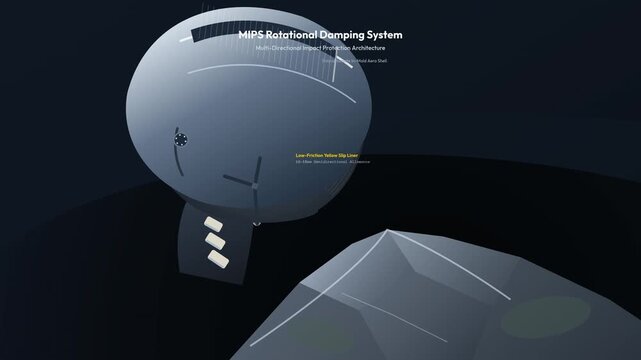 3D animation explaining a rotational damping system in a helmet demonstrating oblique impact trajectory cerebral strain mitigation and energy dissipation for head protection