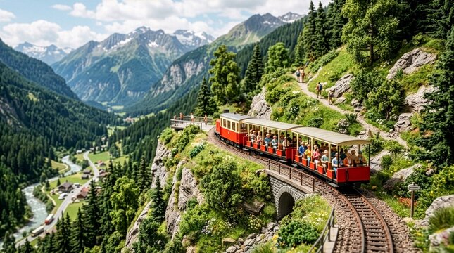 高山の渓谷を走る観光登山鉄道とハイキング風景