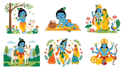 Fototapeta premium Cute Krishna flat character set. Janmashtami celebration, little Bal Krishna, flute player, and Vishnu avatar. Clip art isolated on white background.
