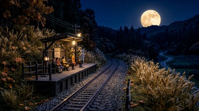 満月に照らされる秋の山間の無人駅