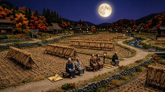 満月に照らされる秋の日本の稲作農村