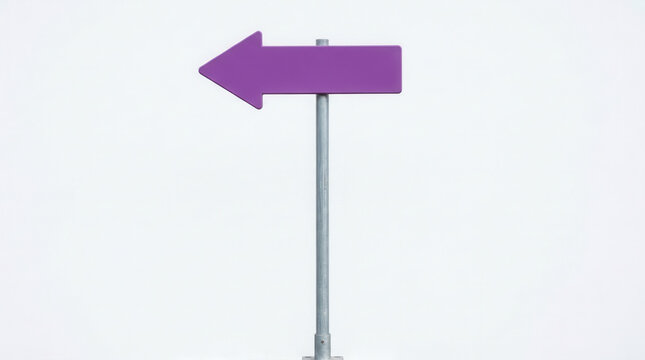 Purple Arrow Sign Directional Indicator On A Pole Against White Background