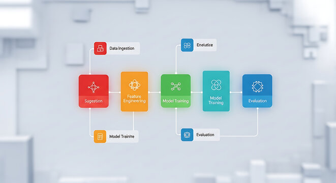 A colorful flow chart illustrating machine learning process steps on a light gray background