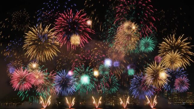 happy new year fireworks, a dazzling display of colorful fireworks bursting across a dark night sky, multiple bursts of gold, red, and blue sparks exploding in sequence with trailing embers
