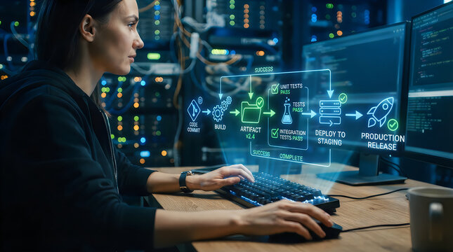 Software engineer working on deployment pipeline in data center