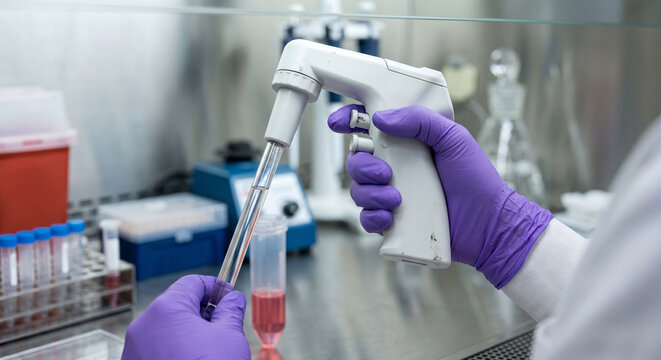 Scientist using electronic pipette to transfer liquid sample in research laboratory.
