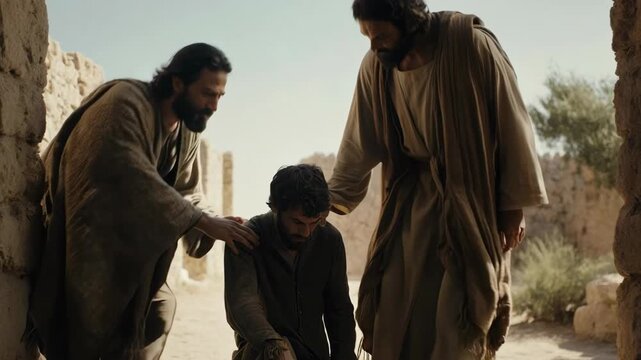 Jesus Christ healing and blessing a kneeling sick man in ancient town. Biblical compassion and discipleship concept