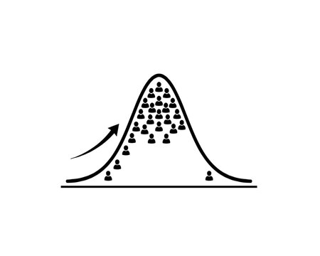 Gaussian bell curve graph vector illustration with user icons and growth arrows, representing normal distribution, audience analysis, demographics, statistics, and business data trends.
