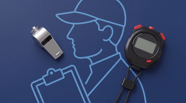 Sports coach equipment with whistle stopwatch and clipboard outline