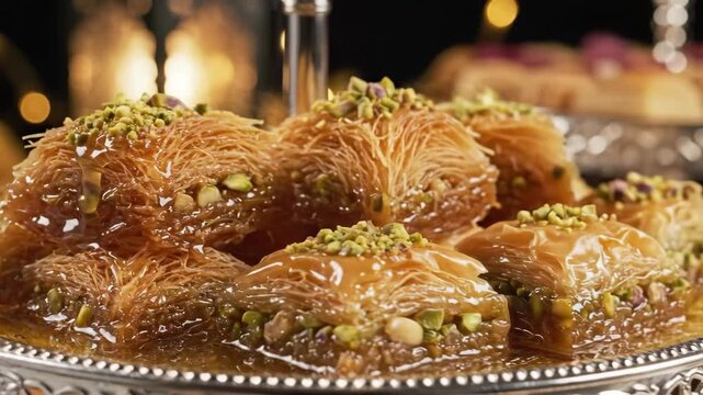 Close up of delicious sweet baklava pastry drizzled with golden honey syrup and pistachios. Middle Eastern dessert concept