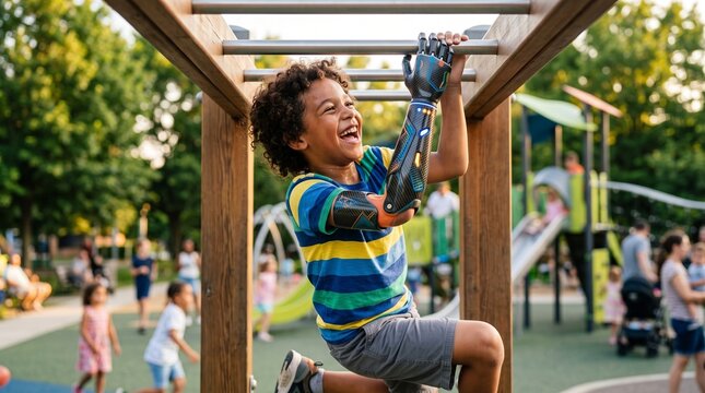 Young African American boy with prosthetic arm playing on playground monkey bars.