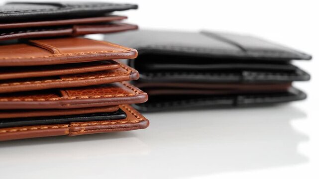 Close-up of stacked leather wallets on a reflective white table. Elegant brown and black genuine leather accessories. Luxury craftsmanship and fashion concept