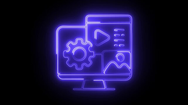 Glowing neon content management icon isolated on black background. HD Video motion graphic animation