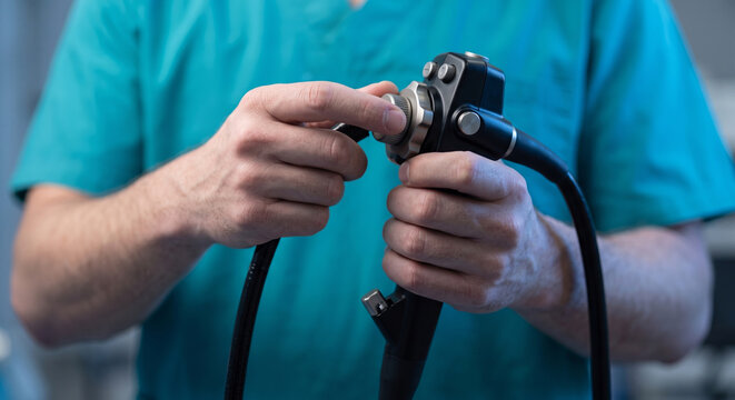 Surgeon hands adjusting professional endoscopic camera equipment for medical procedure.