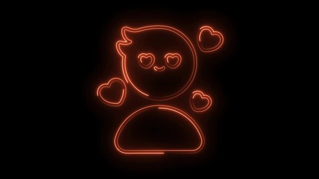 Man in love neon animation boy with heart eyes isolated on black background