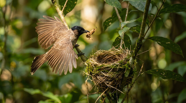 Brown bulbul bird flying to its nest with food in beak wings spread wide surrounded by lush green forest foliage
