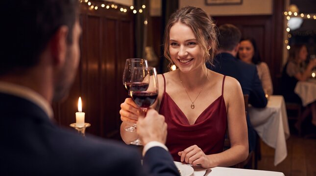 Beautiful young woman smiling and clinking wine glass on romantic dinner date in upscale restaurant.