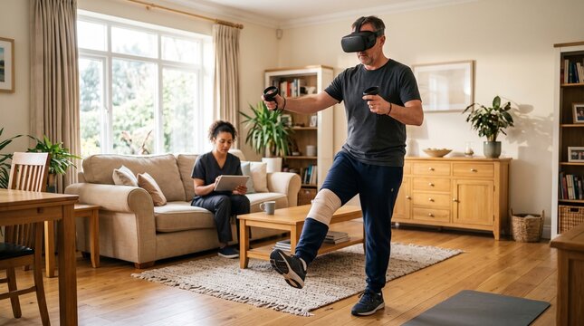 Middle aged man using VR headset for physical therapy at home with nurse.
