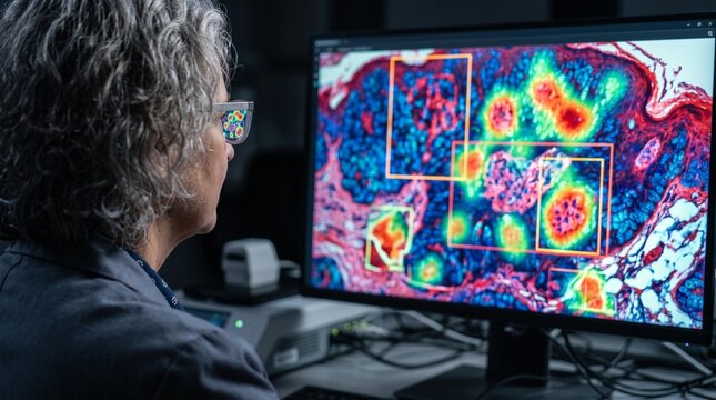 Senior female scientist analyzing digital pathology scans on computer in laboratory.
