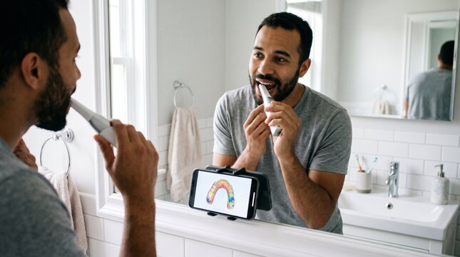 African American man using a smart electric toothbrush with dental app in bathroom.