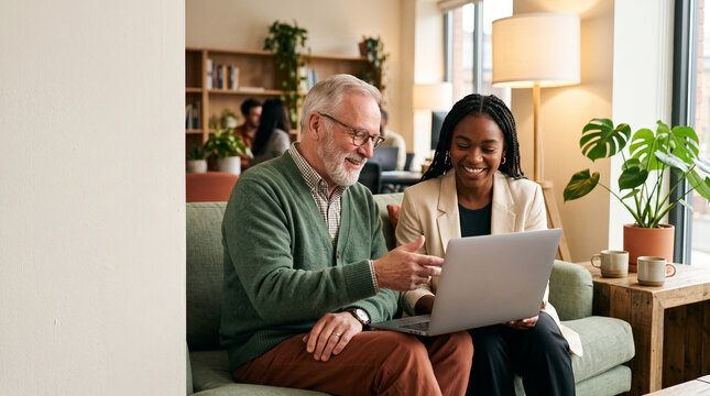 Senior man and young African American woman collaborating on laptop in office.