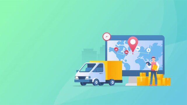 Global logistics and international shipping management concept with delivery van and map tracking.